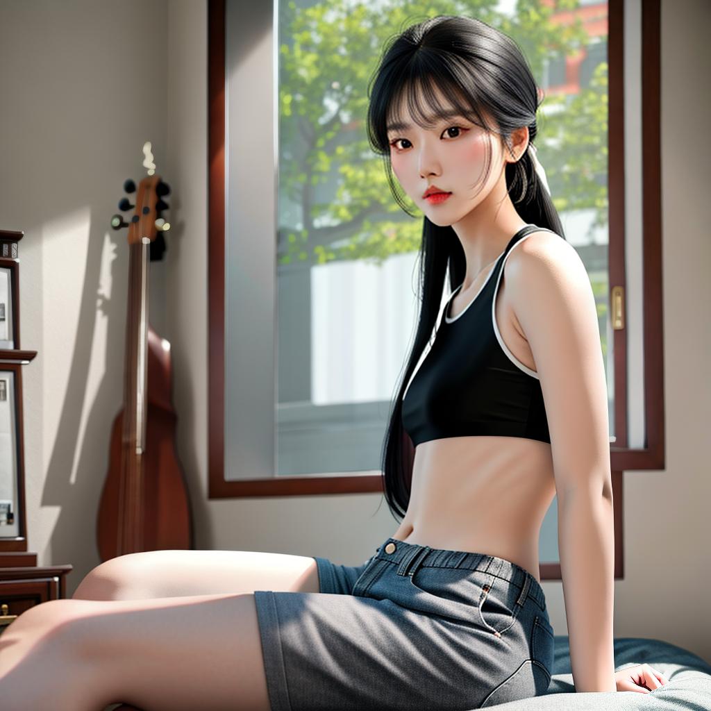  masterpiece, best quality,(fidelity: 1.4), best quality, super high resolution, very detailed face, 8k resolution, asian , quiet, brooding, white and red skin, thin lips, light low-cut top, translucent, sleeveless, bare arms, black hair, hair tied, shorts, room