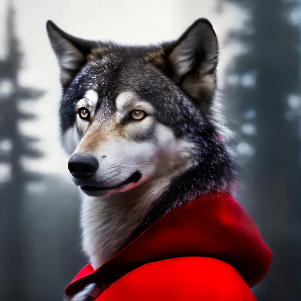 mdjrny-v4 style Art red riding hood with wolf drawing ,highly detailed, cinematic lighting, stunningly beautiful, intricate, sharp focus, f1. 8, 85mm, (centered image composition), (professionally color graded), ((bright soft diffused light)), volumetric fog, trending on instagram, trending on tumblr, HDR 4K, 8K