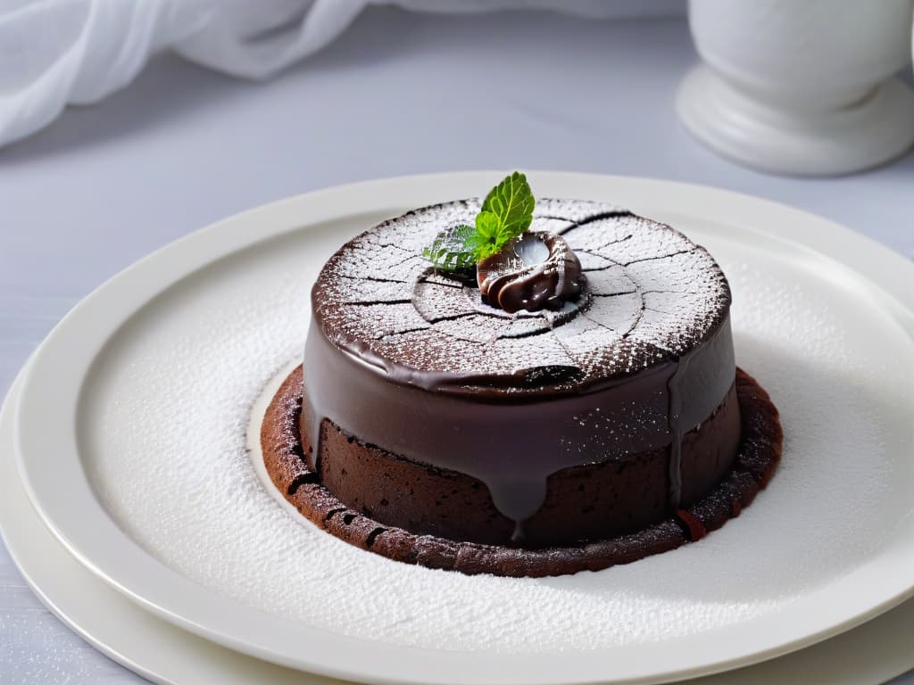  A closeup, ultradetailed image of a decadent chocolate lava cake slowly oozing out molten chocolate from the center, set on a modern, sleek plate with a dusting of powdered sugar and a sprig of fresh mint on the side. The rich, glossy texture of the cake contrasts beautifully with the minimalist backdrop, creating a visually striking and appetizing image that embodies the essence of multisensorial desserts. hyperrealistic, full body, detailed clothing, highly detailed, cinematic lighting, stunningly beautiful, intricate, sharp focus, f/1. 8, 85mm, (centered image composition), (professionally color graded), ((bright soft diffused light)), volumetric fog, trending on instagram, trending on tumblr, HDR 4K, 8K