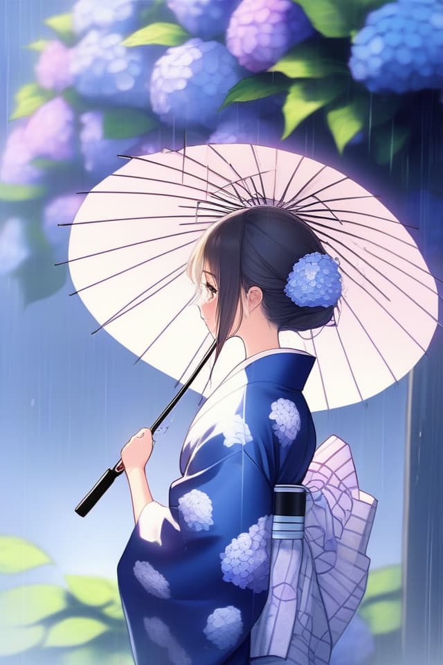  Girls, yukata, hydrangea, bright, gentle, rain, profile, Japanese umbrella