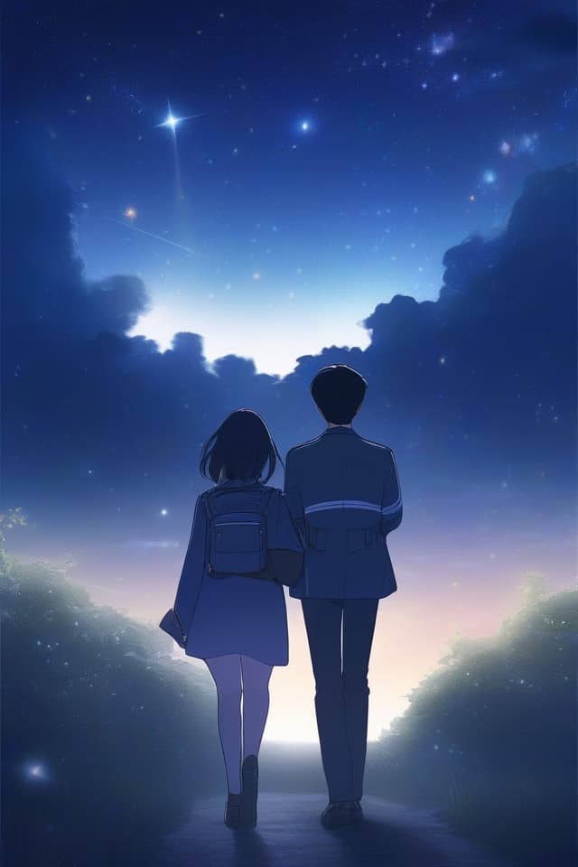  Night sky, uniform, two people are walking, looking at the starry sky, in the back