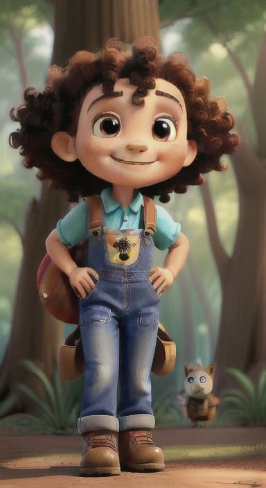  {The tree with a smiling face formed by its bark, looking down at Riley., Riley, a curious with big brown eyes and curly hair, wearing overalls and carrying a small backpack. Their friend, Skye, a bluebird with shiny feathers.