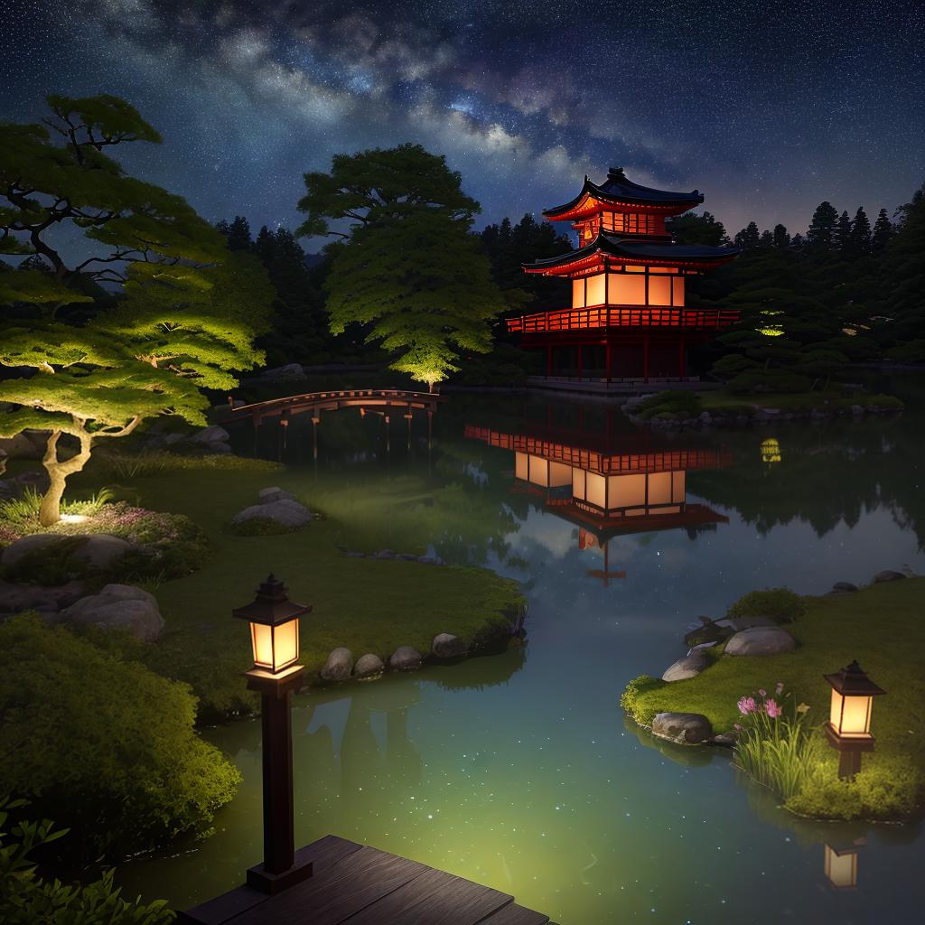  masterpiece, best quality, (Fidelity: 1.4), Best Quality, Masterpiece, Ultra High Resolution, 8k resolution, A night view inspired by Japanese art, featuring a garden illuminated by paper lanterns and a wooden bridge spanning a tranquil lake, by the lakeside, there is a small Zen temple. The water reflects the starry sky.