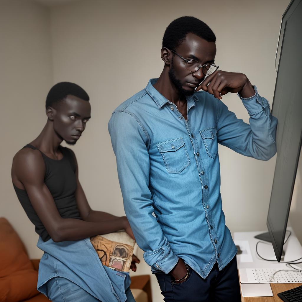  a slim African dark man looking at the screen