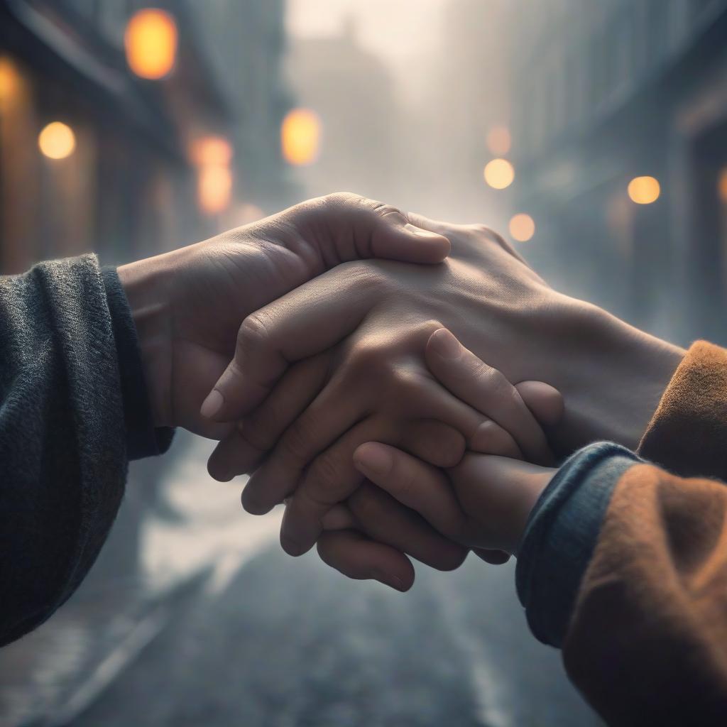  A picture depicting two hands touching each other is trending. hyperrealistic, full body, detailed clothing, highly detailed, cinematic lighting, stunningly beautiful, intricate, sharp focus, f/1. 8, 85mm, (centered image composition), (professionally color graded), ((bright soft diffused light)), volumetric fog, trending on instagram, trending on tumblr, HDR 4K, 8K