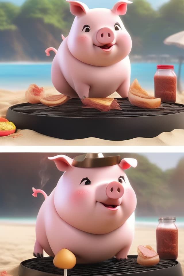  extremely obese girl、pink colored hair、((bright deep pink colored drooping pig's ears:1.4、ultra detailed plump & fat face sweaty smile:1.4、ultra detailed shiny black skin:1.4))、(((on the beach:1.4、barbecue:1.4)))、(、eating a lot of barbecue)、dutch angle、best quality:1.4、masterpiece:1.4、ultra detailed texture、RAW photorealistic、absurd resolution、8K illustration、💩、💩 hyperrealistic, full body, detailed clothing, highly detailed, cinematic lighting, stunningly beautiful, intricate, sharp focus, f/1. 8, 85mm, (centered image composition), (professionally color graded), ((bright soft diffused light)), volumetric fog, trending on instagram, trending on tumblr, HDR 4K, 8K