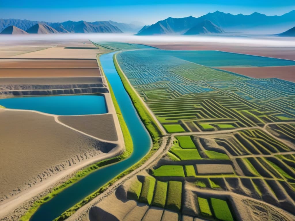  An ultradetailed image capturing the intricate network of ancient puquios utilized by the Nazca civilization for their innovative irrigation system. The photo showcases a series of interconnected underground aqueducts and surface canals, highlighting the advanced engineering skills of the indigenous people. The clear blue sky above contrasts with the arid desert landscape below, emphasizing the vital role of water management in sustaining agricultural practices in the region. hyperrealistic, full body, detailed clothing, highly detailed, cinematic lighting, stunningly beautiful, intricate, sharp focus, f/1. 8, 85mm, (centered image composition), (professionally color graded), ((bright soft diffused light)), volumetric fog, trending on instagram, trending on tumblr, HDR 4K, 8K