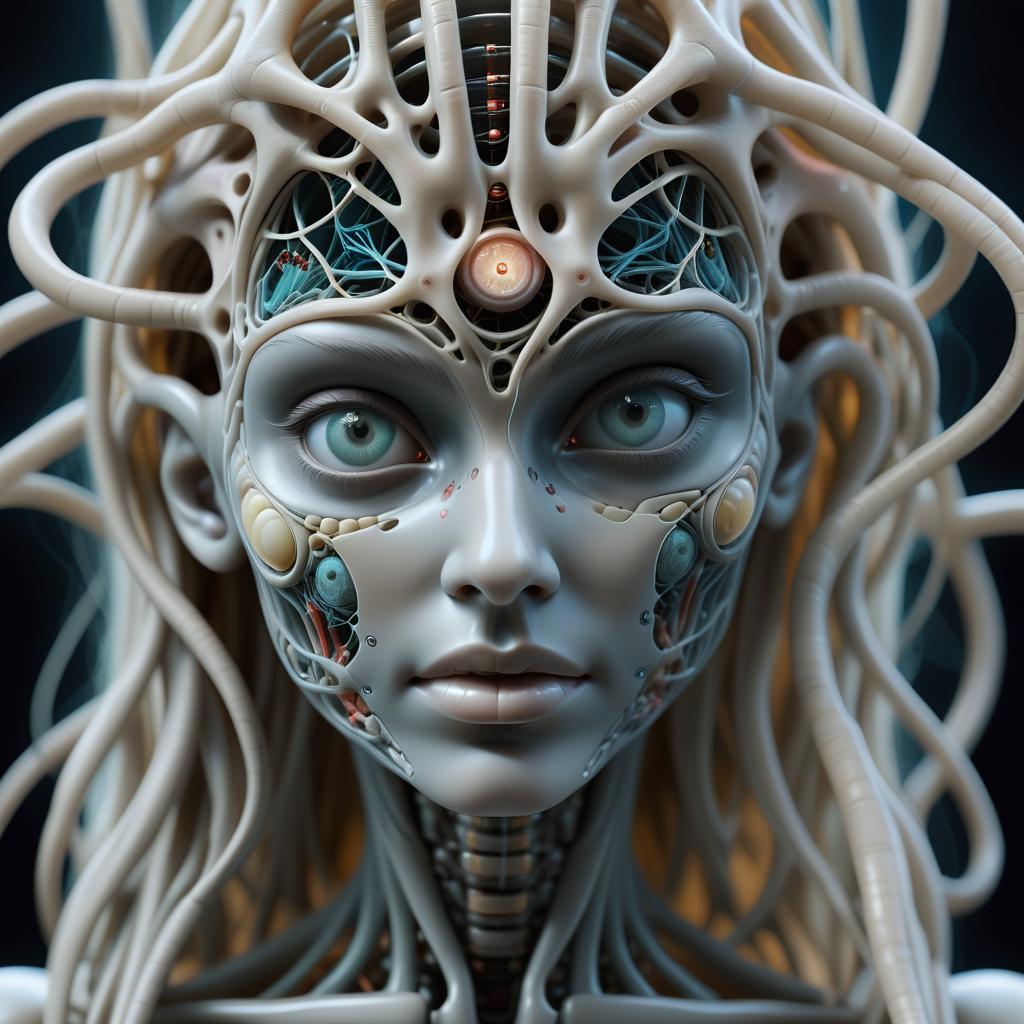  mj, cinematic close up photo of an ethereal neural network organism, divine woman, anatomical face, biomechanical details