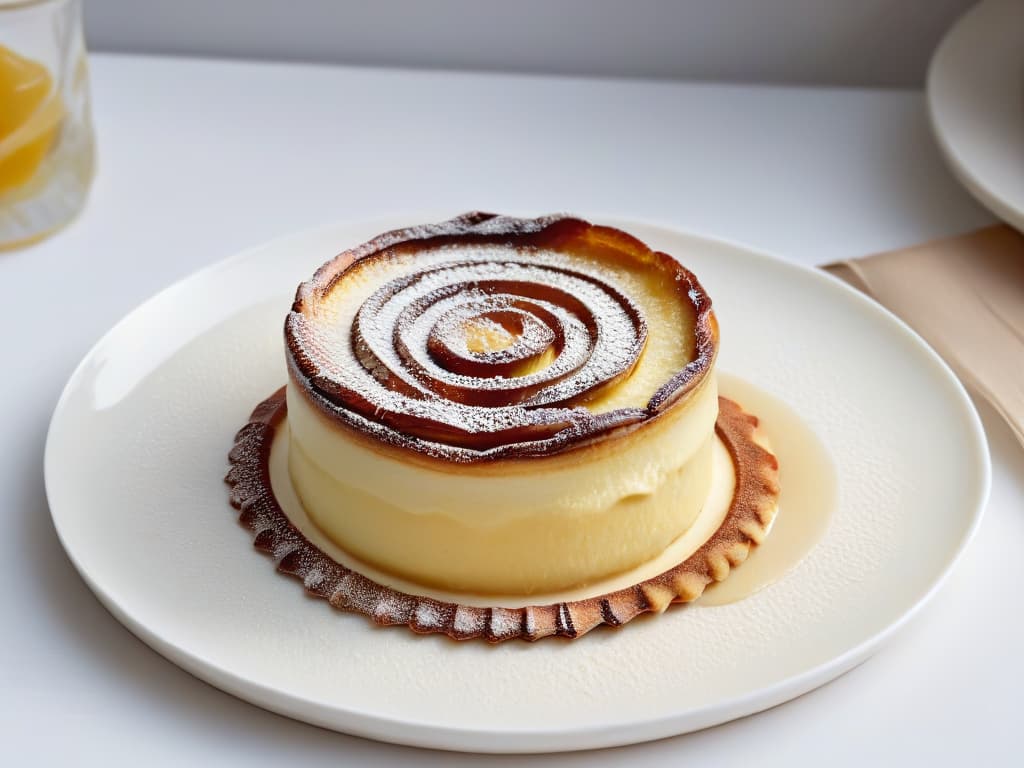  A highresolution, minimalist image featuring a beautifully crafted Pastel de Nata, a traditional Portuguese custard tart, delicately placed on a sleek, modern plate against a clean, white background. The pastry is perfectly goldenbrown, with flaky layers visible on the edges, and a sprinkle of cinnamon on top. The image captures the essence of Portuguese pastry artistry, blending tradition with modern presentation in a visually striking way. hyperrealistic, full body, detailed clothing, highly detailed, cinematic lighting, stunningly beautiful, intricate, sharp focus, f/1. 8, 85mm, (centered image composition), (professionally color graded), ((bright soft diffused light)), volumetric fog, trending on instagram, trending on tumblr, HDR 4K, 8K