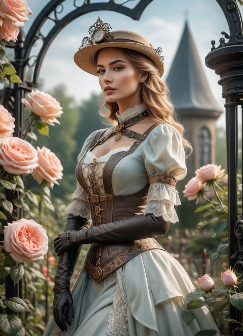  steampunk style Delicate English watercolour in pastel tones, on the background of English garden flowers powder roses in dew, among roses stands a lovely in a straw hat decorated with flowers and in a lush dress with lace, openwork wrought iron fence, octane, dew glistens and shimmers in the sun lumen, in the distance marble statue, aesthetic flowers,art botanical, organic biological,realistic . antique, mechanical, ss and copper tones, gears, intricate, detailed hyperrealistic, full body, detailed clothing, highly detailed, cinematic lighting, stunningly beautiful, intricate, sharp focus, f/1. 8, 85mm, (centered image composition), (professionally color graded), ((bright soft diffused light)), volumetric fog, trending on instagram, trending on tumblr, HDR 4K, 8K