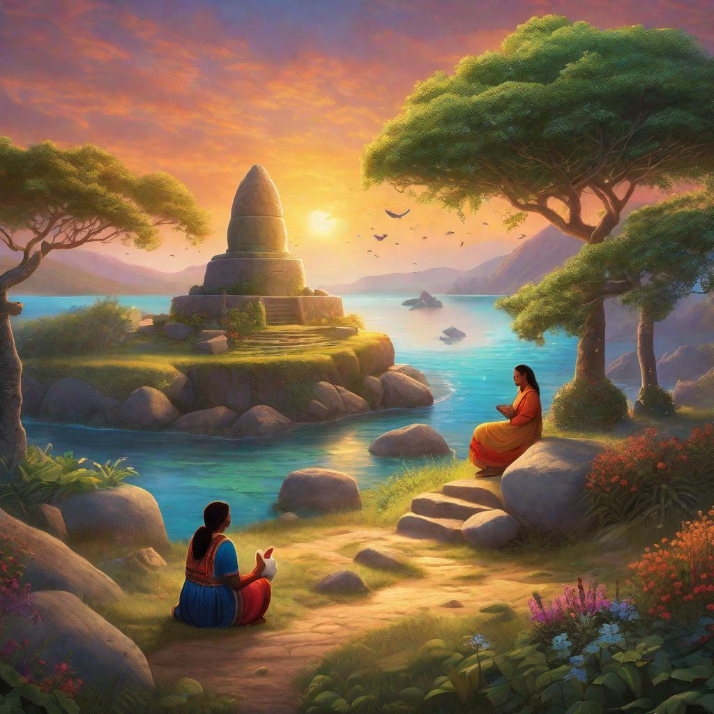  "A warm and serene landscape set on a remote island, where villagers and a variety of cute and colorful animals together are surrounding an ancient, magical stone located in the center. Among the crowd, highlight a small child and their mother, both appearing peaceful and hopeful, standing out from the rest, with their hands pressed together in prayer. The stone is glowing, indicating its mystical, wish-granting properties. The overall scene should depict unity, harmony, and the pursuit of understanding amidst disagreement, emphasizing the story's theme. The atmosphere should be relaxed, with soft and comforting colors to maintain a child-friendly vibe."((masterpiece)), best quality, very detailed, high resolution, sharp, sharp image, extre hyperrealistic, full body, detailed clothing, highly detailed, cinematic lighting, stunningly beautiful, intricate, sharp focus, f/1. 8, 85mm, (centered image composition), (professionally color graded), ((bright soft diffused light)), volumetric fog, trending on instagram, trending on tumblr, HDR 4K, 8K