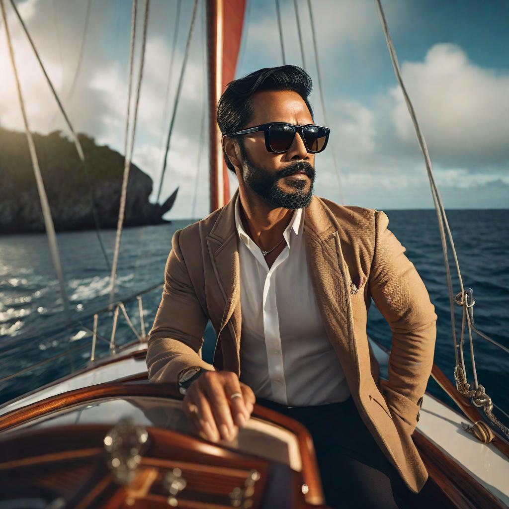  sanin inu sailing on a sail boat through the bermuda triangle. wearing shades. hyperrealistic, full body, detailed clothing, highly detailed, cinematic lighting, stunningly beautiful, intricate, sharp focus, f/1. 8, 85mm, (centered image composition), (professionally color graded), ((bright soft diffused light)), volumetric fog, trending on instagram, trending on tumblr, HDR 4K, 8K