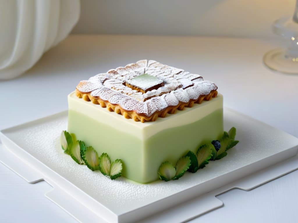  A closeup, ultradetailed image of a delicate pastry with intricate fusioninspired decorations. The pastry is elegantly presented on a minimalist, modern plate, showcasing a blend of cultural elements in its design. The focus is on the fine details of the dessert, highlighting the craftsmanship and creativity that goes into creating fusion pastries. hyperrealistic, full body, detailed clothing, highly detailed, cinematic lighting, stunningly beautiful, intricate, sharp focus, f/1. 8, 85mm, (centered image composition), (professionally color graded), ((bright soft diffused light)), volumetric fog, trending on instagram, trending on tumblr, HDR 4K, 8K