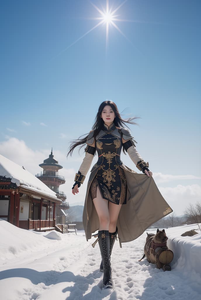  arafed image of a woman in a dress and boots walking in the snow, ross tran and artgerm, ornate long flowing hair, with warship parts, detail shot, female ascending into the sky, chinese costume, 2b nier automata, inspired by Federico Barocci, oil on canvas 4k, style of raymond swanland, summer morning light , ADVERTISING PHOTO,high quality, good proportion, masterpiece , The image is captured with an 8k camera and edited using the latest digital tools to produce a flawless final result.