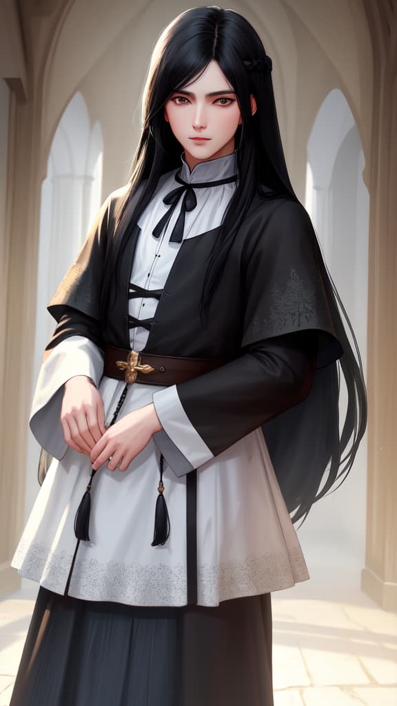  boy, long black hair, somewhat worn medieval clothes, sad eyes, high quality, highly detailed, cinematic lighting, intricate, sharp focus, f/1. 8, 85mm, (centered image composition), (professionally color graded), ((bright soft diffused light)), volumetric fog, trending on instagram, HDR 4K, 8K