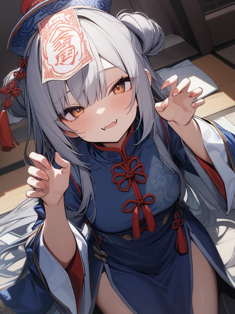  1girl,solo,jiangshi,qingdai guanmao with a ofuda,chinese clothes,claw pose,small fangs,, masterpiece, best quality,8k,ultra detailed,high resolution,an extremely delicate and beautiful,hyper detail