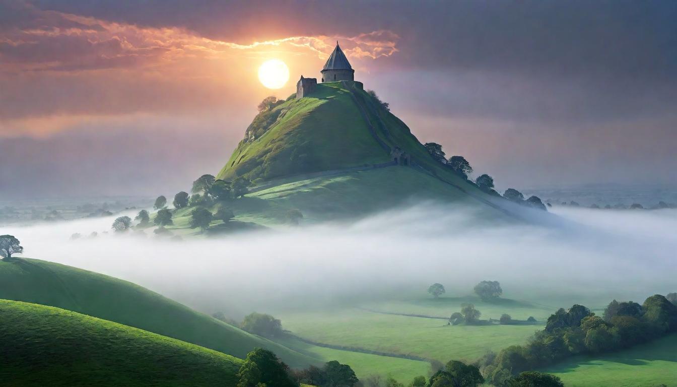  digital illustration, A mystical fog swirling around Glastonbury Tor, vortices of energy visible in patterns of light, sacred, magical, ancient., looking at viewer, dynamic pose, (intricate details, masterpiece, best quality)