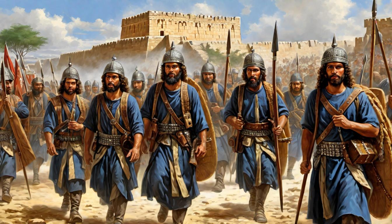  digital painting of Israelite soldiers marching around Jericho, carrying the ark, detailed historical attire, determination on faces, divine instructions, solemn, focused looking at viewer, dynamic pose, (intricate details, masterpiece, best quality)