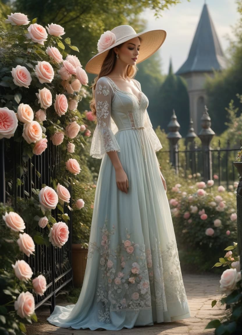  Renaissance style Delicate English watercolour in pastel tones, on the background of English garden flowers powder roses in dew, among roses stands a lovely in a straw hat decorated with flowers and in a lush dress with lace, openwork wrought iron fence, octane, dew glistens and shimmers in the sun lumen, in the distance marble statue, aesthetic flowers,art botanical, organic biological,realistic . realistic, perspective, light and shadow, religious or mythological themes, highly detailed hyperrealistic, full body, detailed clothing, highly detailed, cinematic lighting, stunningly beautiful, intricate, sharp focus, f/1. 8, 85mm, (centered image composition), (professionally color graded), ((bright soft diffused light)), volumetric fog, trending on instagram, trending on tumblr, HDR 4K, 8K