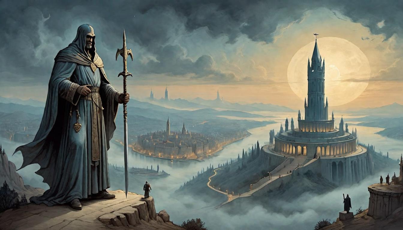  on parchment, surrealism+++, A towering statue of a robed figure, holding a scale balancer in one hand and a sword in the other, atop a hill overlooking a twilight city, pillar of righteousness, guardian(mysterious, provocative, symbolic,muted color)+++