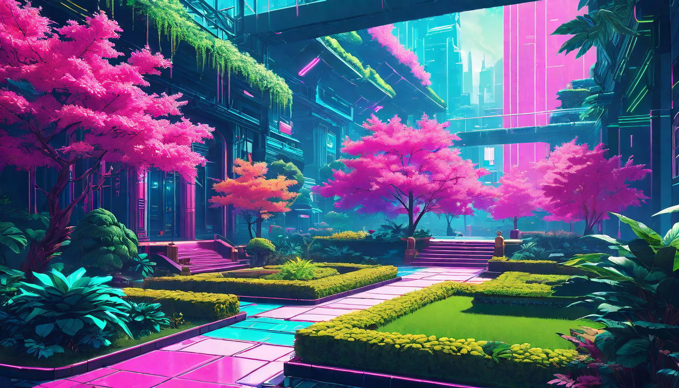  vaporwave,cyberpunk game style A garden with various paths diverging, each leading to different realms, choice of companionship, projects' essence, energy investments, alignment with purposeeon, dystopian, futuristic, digital, vibrant, detailed, high contrast, reminiscent of cyberpunk genre video games,retro aesthetic, cyberpunk, vibrant, neon colors, vintage 80s and 90s style, highly detailed