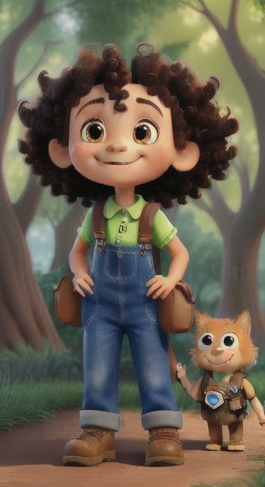  {The tree with a smiling face formed by its bark, looking down at Riley., Riley, a curious with big brown eyes and curly hair, wearing overalls and carrying a small backpack. Their friend, Skye, a bluebird with shiny feathers.