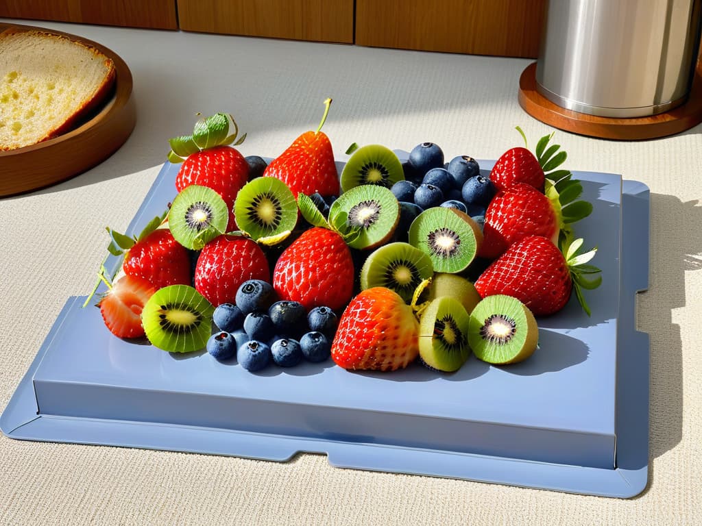  An ultradetailed image of a sleek, modern kitchen countertop with a variety of fresh, vibrant fruits such as strawberries, blueberries, and kiwis meticulously arranged in a visually appealing pattern. The fruits glisten under soft, natural lighting, showcasing their texture and juiciness. A set of highend kitchen utensils, including a sharp knife and a cutting board, are strategically placed next to the fruits, hinting at the preparation of a healthy and delicious recipe using augmented reality technology. The overall composition exudes a sense of sophistication and freshness, perfectly capturing the essence of adapting traditional recipes to healthier alternatives. hyperrealistic, full body, detailed clothing, highly detailed, cinematic lighting, stunningly beautiful, intricate, sharp focus, f/1. 8, 85mm, (centered image composition), (professionally color graded), ((bright soft diffused light)), volumetric fog, trending on instagram, trending on tumblr, HDR 4K, 8K