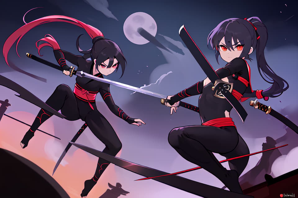  Ninja, acrobat, dynamism, high angle, ninjutsu, sword, tension, night, detail