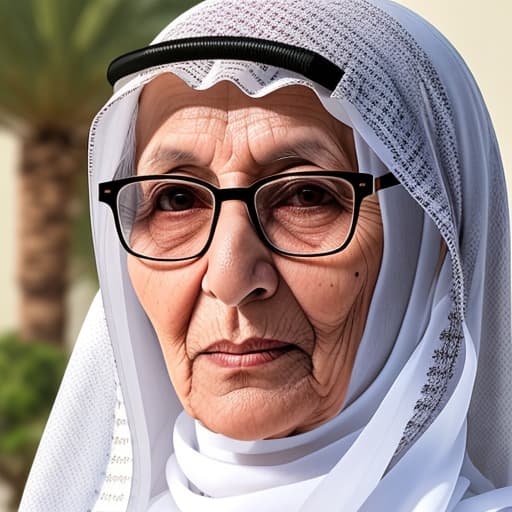  Generate an image of an Arabian grandmother from Jeddah, Saudi Arabia, wearing a white or off-white Hijab and glasses. The photo should capture her from the front, highlighting her traditional attire and reflecting the cultural essence of the Hijaz region. I need it in he quality