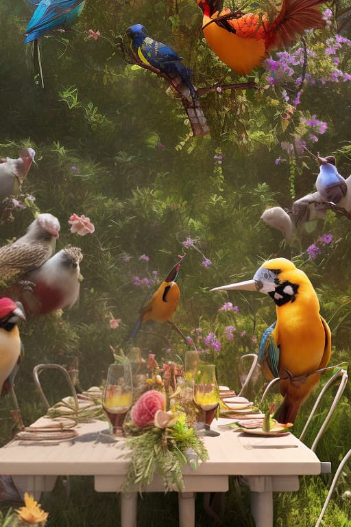 redshift style A table dinner of exotic birds where birds are dressed like the characters from the midsommar movie wearing flowers, realistic detailed digital art