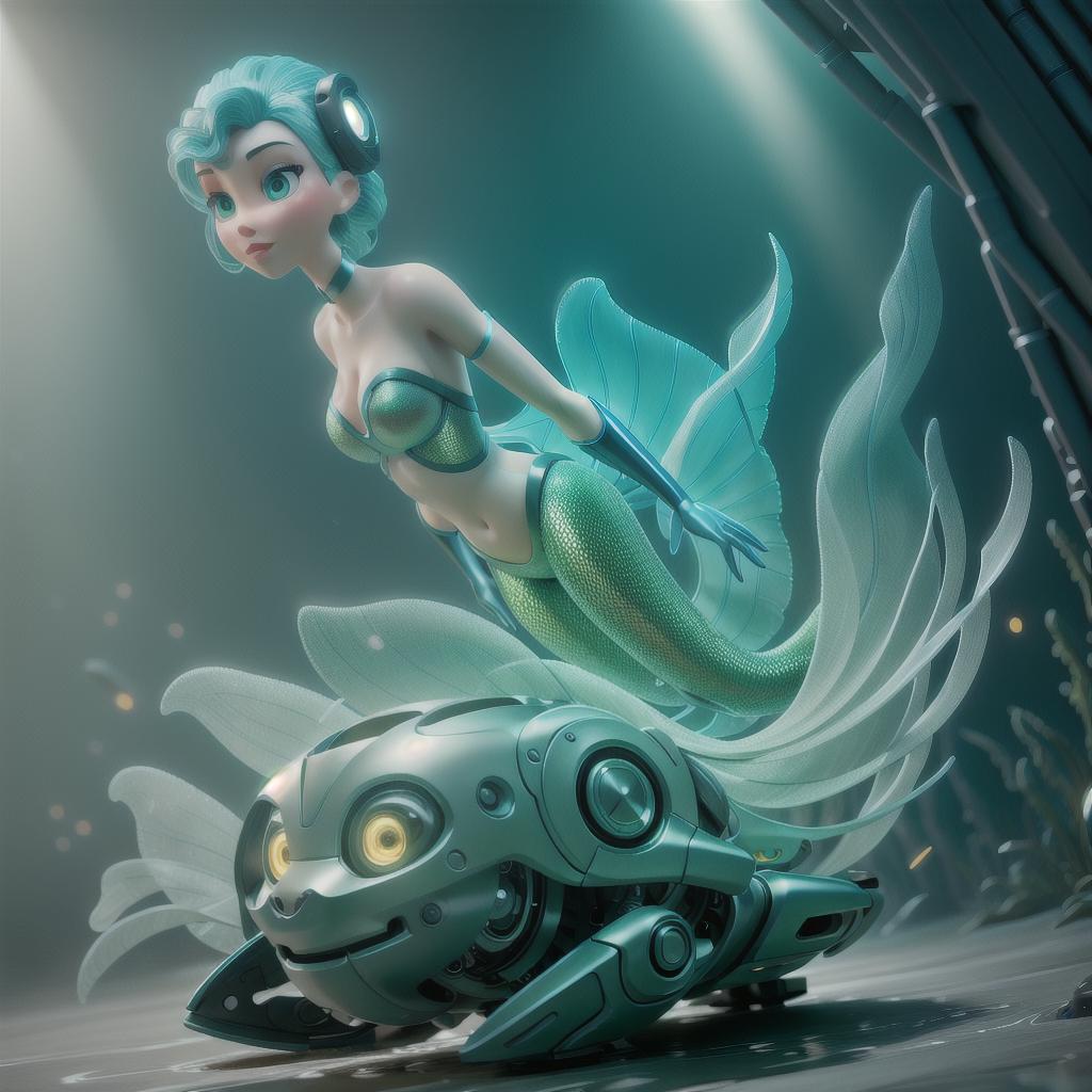  a beautiful robotic cybernetic mermaid swimming in oil of ocean hyperrealistic, full body, detailed clothing, highly detailed, cinematic lighting, stunningly beautiful, intricate, sharp focus, f/1. 8, 85mm, (centered image composition), (professionally color graded), ((bright soft diffused light)), volumetric fog, trending on instagram, trending on tumblr, HDR 4K, 8K