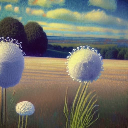 wa-vy style Tall grass and queen Anne’s lace. Lady’s dressed in white cotton Victorian style dresses carrying Parasols orange poppies are growing in the field sky is blue with white clouds sun is streaming down looks like impressionistic painting vivid color dream like