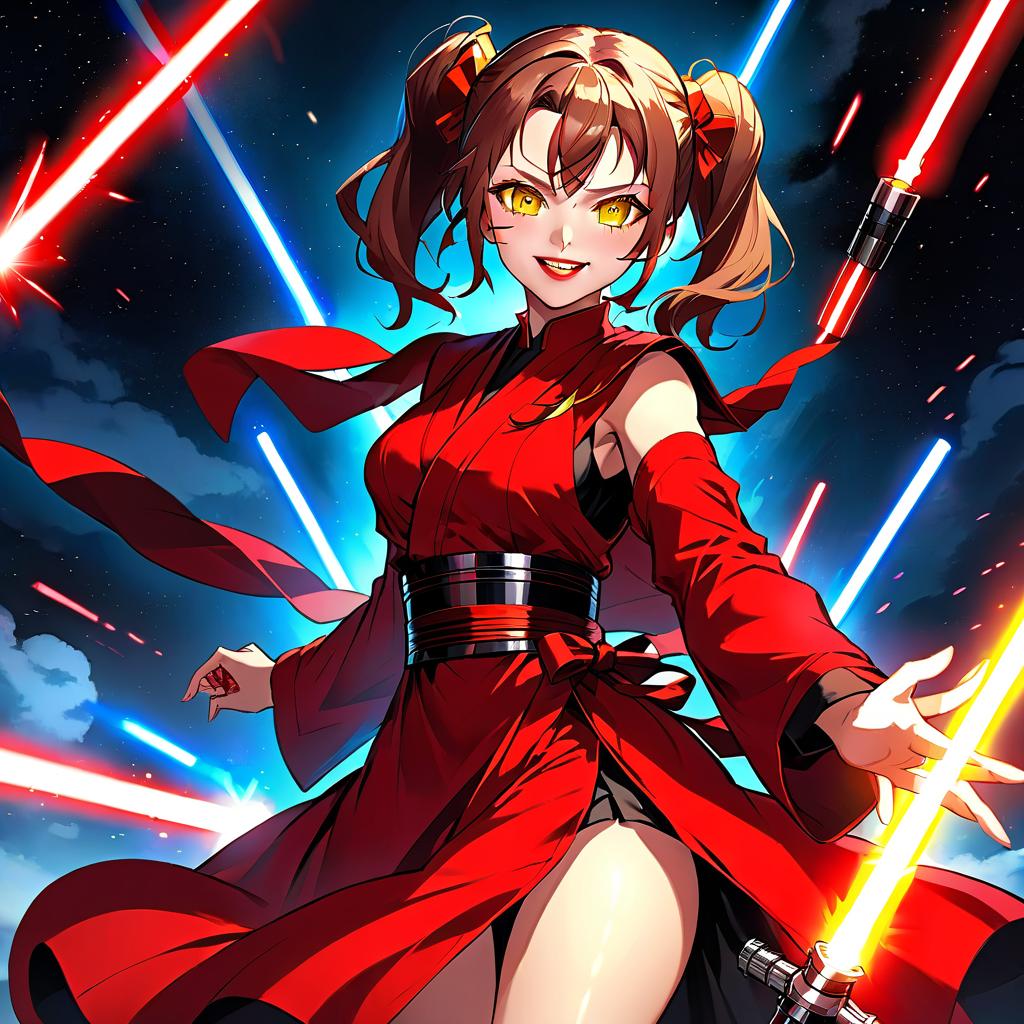  anime artwork A , Sith, her entire body in frame, , hairstyle with two pigtails tied with red ribbons on both sides, yellow colored eyes, slim face features, joyful mood on face, terrifying smile, slim body, very large s, bright red lipstick on lips, black ripped robe without sleeves, feet, right hand holding the hilt of a red glowing lightsaber, left hand against left , ancient ruins on a barren landscape, moonlit night, purple lightning surrounding, high detail, high resolution. . anime style, key visual, vint, studio anime, highly detailed hyperrealistic, full body, detailed clothing, highly detailed, cinematic lighting, stunningly beautiful, intricate, sharp focus, f/1. 8, 85mm, (centered image composition), (professionally color graded), ((bright soft diffused light)), volumetric fog, trending on instagram, trending on tumblr, HDR 4K, 8K