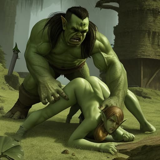  A dramatic scene of a young elven valiantly defending her friend, a small human boy, from a fearsome orc attacker. The elf, with an expression of determination etched on her delicate features, shoves her sword deep into the torso of the orc, piercing its hide and causing it to howl in pain. The orc, towering over the pair, reaches out in anger, only to find its movements hindered by the growth of vint green plants that sprout from the ground beneath it. These plants seem to be tearing through the orc's body, slowly but surely ripping it apart as it writhes in agony.