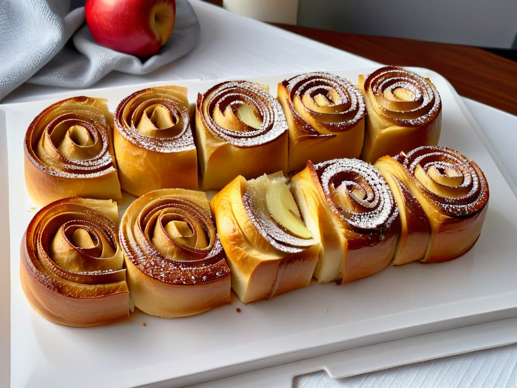  A closeup, ultradetailed image of freshly baked cinnamon apple rolls arranged neatly on a sleek, modern white plate. The goldenbrown pastries glisten with a light drizzle of glaze, showcasing the delicate swirls of cinnamon and apple peeking through the layers of dough. The surface beneath the rolls is adorned with a sprinkling of powdered sugar, with a few stray crumbs scattered around, highlighting the warmth and freshness of the delectable treats. hyperrealistic, full body, detailed clothing, highly detailed, cinematic lighting, stunningly beautiful, intricate, sharp focus, f/1. 8, 85mm, (centered image composition), (professionally color graded), ((bright soft diffused light)), volumetric fog, trending on instagram, trending on tumblr, HDR 4K, 8K