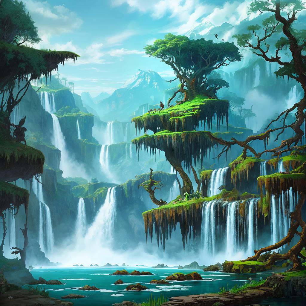  in a fantasy setting, Paint a surreal landscape where mythical beasts roam amidst cascading waterfalls.