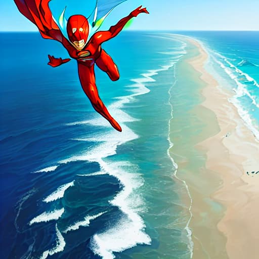  super hero flying over the ocean