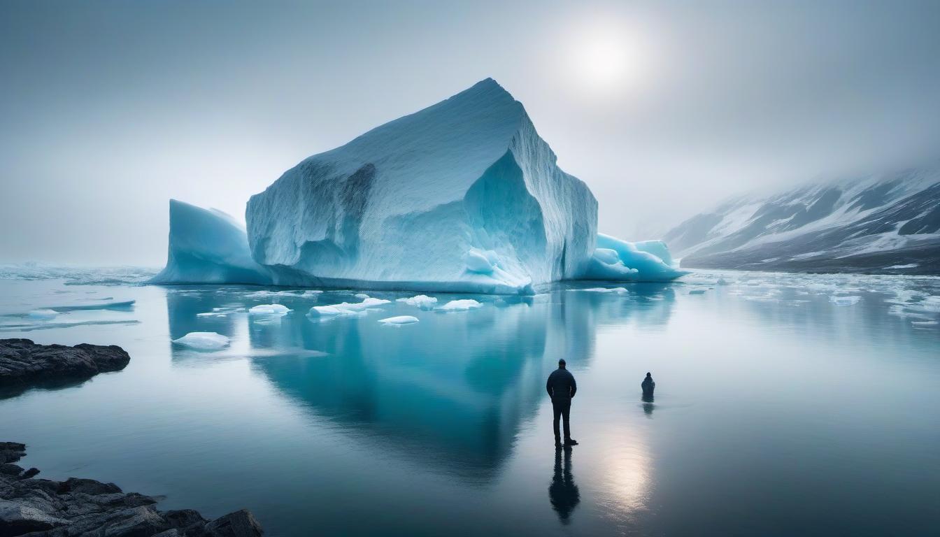  2 huge icebergs, on which a man and a woman are standing. hyperrealistic, full body, detailed clothing, highly detailed, cinematic lighting, stunningly beautiful, intricate, sharp focus, f/1. 8, 85mm, (centered image composition), (professionally color graded), ((bright soft diffused light)), volumetric fog, trending on instagram, trending on tumblr, HDR 4K, 8K