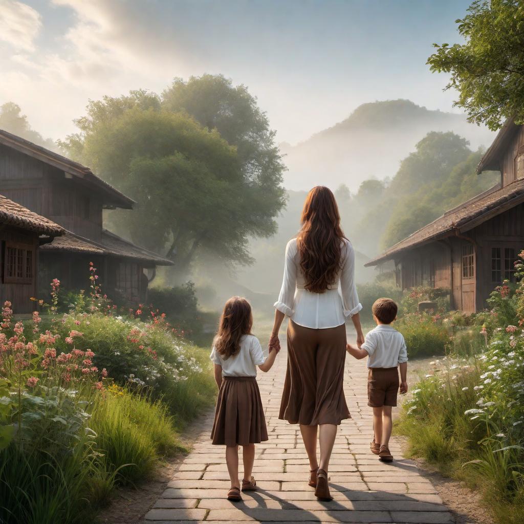  Digital art of a middle-aged, medium-built woman with long brown hair, facing away from the viewer, walking and holding hands with three boy children. The group should be depicted as walking away from the viewer, suggesting movement and togetherness. The environment should be peaceful and serene, indicating a safe and loving atmosphere. hyperrealistic, full body, detailed clothing, highly detailed, cinematic lighting, stunningly beautiful, intricate, sharp focus, f/1. 8, 85mm, (centered image composition), (professionally color graded), ((bright soft diffused light)), volumetric fog, trending on instagram, trending on tumblr, HDR 4K, 8K