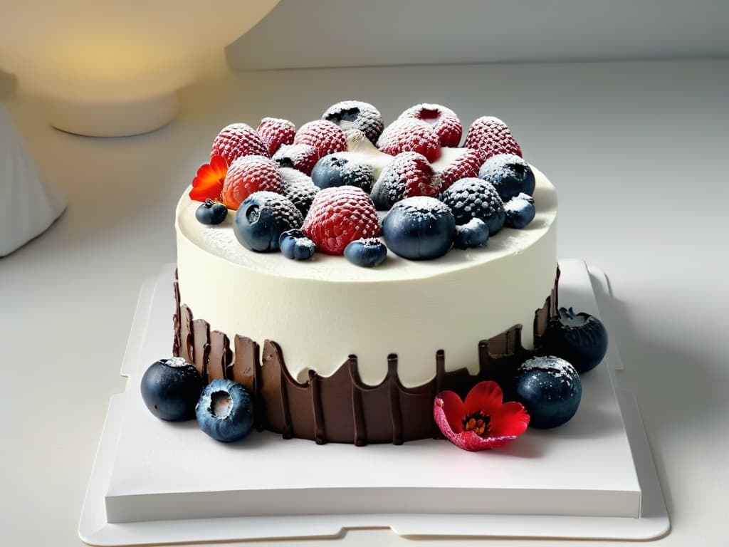  An ultradetailed image of a beautifully decorated vegan chocolate cake topped with fresh berries and edible flowers, displayed on a sleek, modern white cake stand with soft lighting enhancing the vibrant colors of the dessert. hyperrealistic, full body, detailed clothing, highly detailed, cinematic lighting, stunningly beautiful, intricate, sharp focus, f/1. 8, 85mm, (centered image composition), (professionally color graded), ((bright soft diffused light)), volumetric fog, trending on instagram, trending on tumblr, HDR 4K, 8K