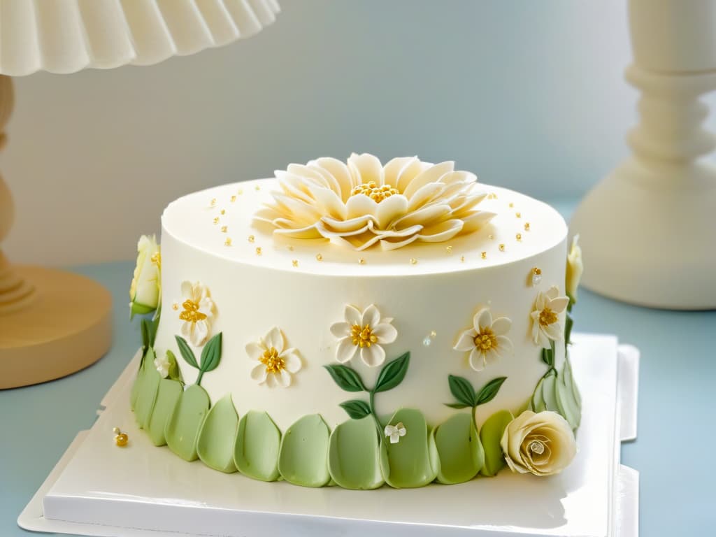  An elegant and minimalistic image of a beautifully decorated multitiered cake inspired by The Great British Bake Off, showcasing intricate piping work, delicate fondant flowers, and shimmering edible gold accents. The cake is displayed on a pristine white cake stand against a soft, blurred background to emphasize its exquisite details and craftsmanship, exuding a sense of sophistication and artistry. hyperrealistic, full body, detailed clothing, highly detailed, cinematic lighting, stunningly beautiful, intricate, sharp focus, f/1. 8, 85mm, (centered image composition), (professionally color graded), ((bright soft diffused light)), volumetric fog, trending on instagram, trending on tumblr, HDR 4K, 8K