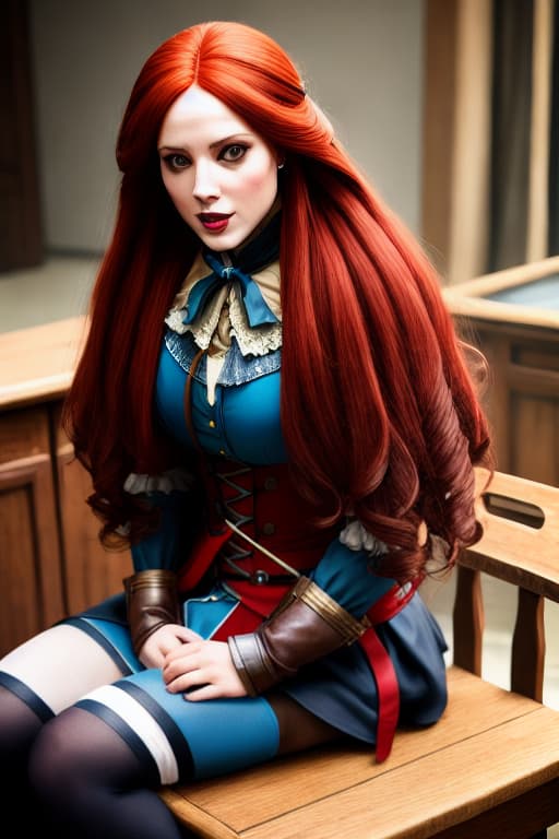 modelshoot style Elise from Assassin's Creed Unity with very long red hair and gigantic boobs and extremely thick thighs in a bondage and mouth gagged on a chair and blushing in fear and crying