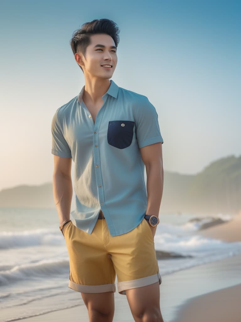  half body portrait,Young Asian man wear summer beach casual short sleeve shirt and shorts, happy relax standing on beach near sea, cinematic lighting, stunningly beautiful, intricate, sharp focus, f/1. 8, 85mm, (professionally color graded), ((bright soft diffused light)), volumetric fog, trending on instagram, trending on tumblr, HDR 4K, 8K hyperrealistic, full body, detailed clothing, highly detailed, cinematic lighting, stunningly beautiful, intricate, sharp focus, f/1. 8, 85mm, (centered image composition), (professionally color graded), ((bright soft diffused light)), volumetric fog, trending on instagram, trending on tumblr, HDR 4K, 8K