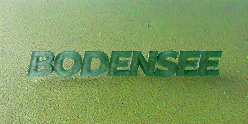  3D text "BODENSEE" looking like water, hovering over Lake Constance, front view. High resolution photo, clear and sharp focus.