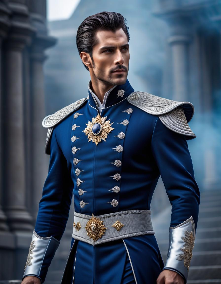  Tall young man, dark blue and silver royal costume, standing sideways, beautiful body, light skin hyperrealistic, full body, detailed clothing, highly detailed, cinematic lighting, stunningly beautiful, intricate, sharp focus, f/1. 8, 85mm, (centered image composition), (professionally color graded), ((bright soft diffused light)), volumetric fog, trending on instagram, trending on tumblr, HDR 4K, 8K