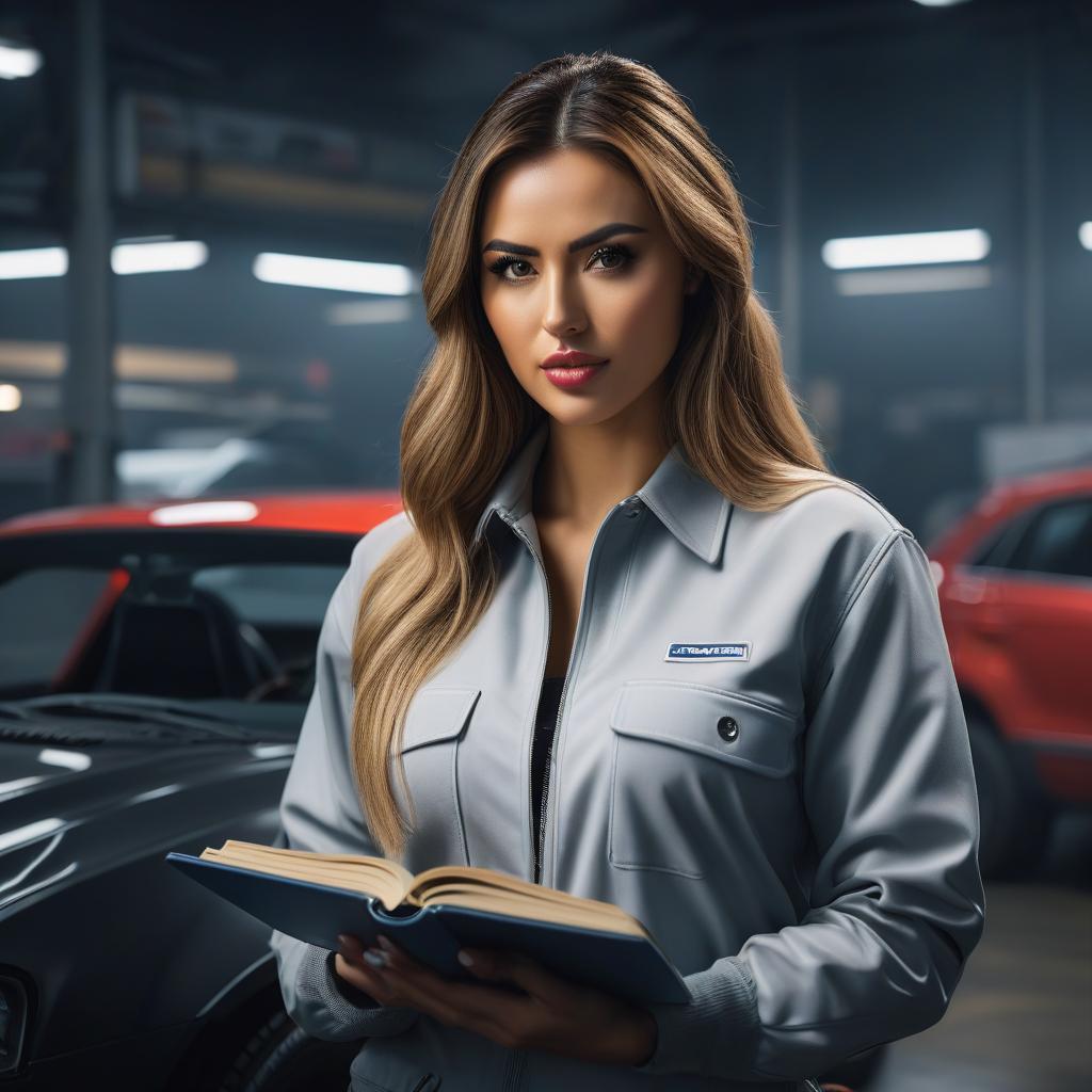  A girl at the auto service is holding an open notebook with the screen facing the camera. hyperrealistic, full body, detailed clothing, highly detailed, cinematic lighting, stunningly beautiful, intricate, sharp focus, f/1. 8, 85mm, (centered image composition), (professionally color graded), ((bright soft diffused light)), volumetric fog, trending on instagram, trending on tumblr, HDR 4K, 8K