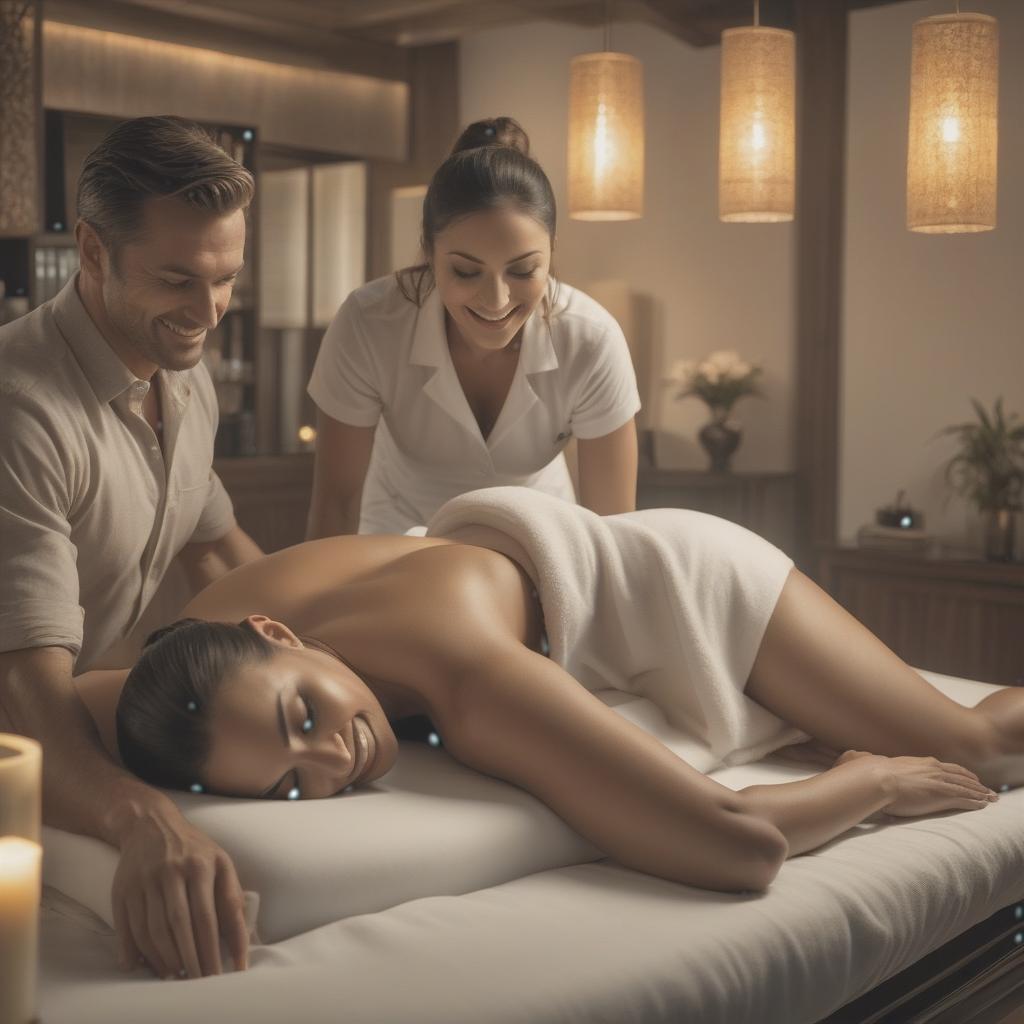  A satisfied woman lies on a massage couch on her stomach, turned to face us and smiles. A massive male masseur stands over her and gives her a massage hyperrealistic, full body, detailed clothing, highly detailed, cinematic lighting, stunningly beautiful, intricate, sharp focus, f/1. 8, 85mm, (centered image composition), (professionally color graded), ((bright soft diffused light)), volumetric fog, trending on instagram, trending on tumblr, HDR 4K, 8K