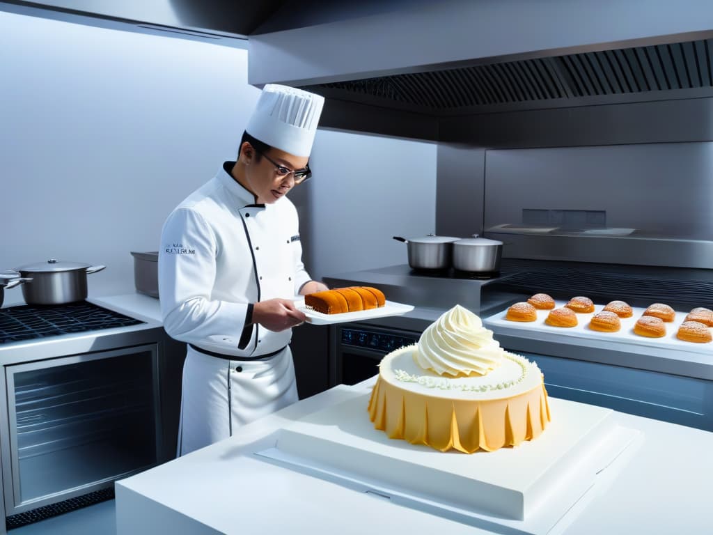  An ultradetailed image of a sleek, futuristic kitchen setup with a traditional pastry chef expertly crafting delicate pastries by hand on one side, while a stateoftheart, sophisticated artificial intelligence baking system meticulously decorates a cake with precision on the other side. The contrast between tradition and technology is vividly displayed in this visually striking scene, showcasing the harmonious balance between the two elements in the realm of pastrymaking. hyperrealistic, full body, detailed clothing, highly detailed, cinematic lighting, stunningly beautiful, intricate, sharp focus, f/1. 8, 85mm, (centered image composition), (professionally color graded), ((bright soft diffused light)), volumetric fog, trending on instagram, trending on tumblr, HDR 4K, 8K