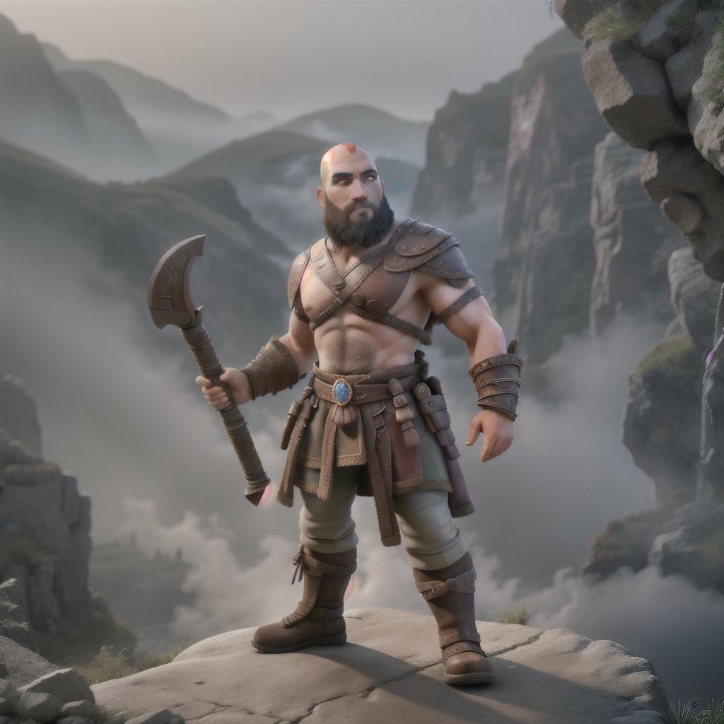  God of war hyperrealistic, full body, detailed clothing, highly detailed, cinematic lighting, stunningly beautiful, intricate, sharp focus, f/1. 8, 85mm, (centered image composition), (professionally color graded), ((bright soft diffused light)), volumetric fog, trending on instagram, trending on tumblr, HDR 4K, 8K