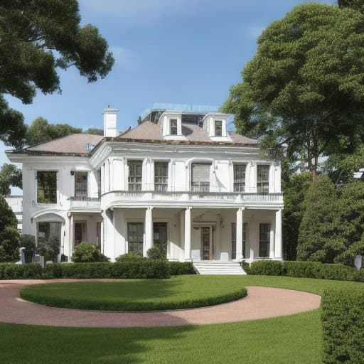  Three story white house with a gable roof in a traditional European style with beige and black colors, featuring modern architectural details. The ground floor has red brick landscaping. A front view of the house on a bright sunny day with green trees around and a luxury garden with shrubs. Highly detailed in the style of a professional photographer